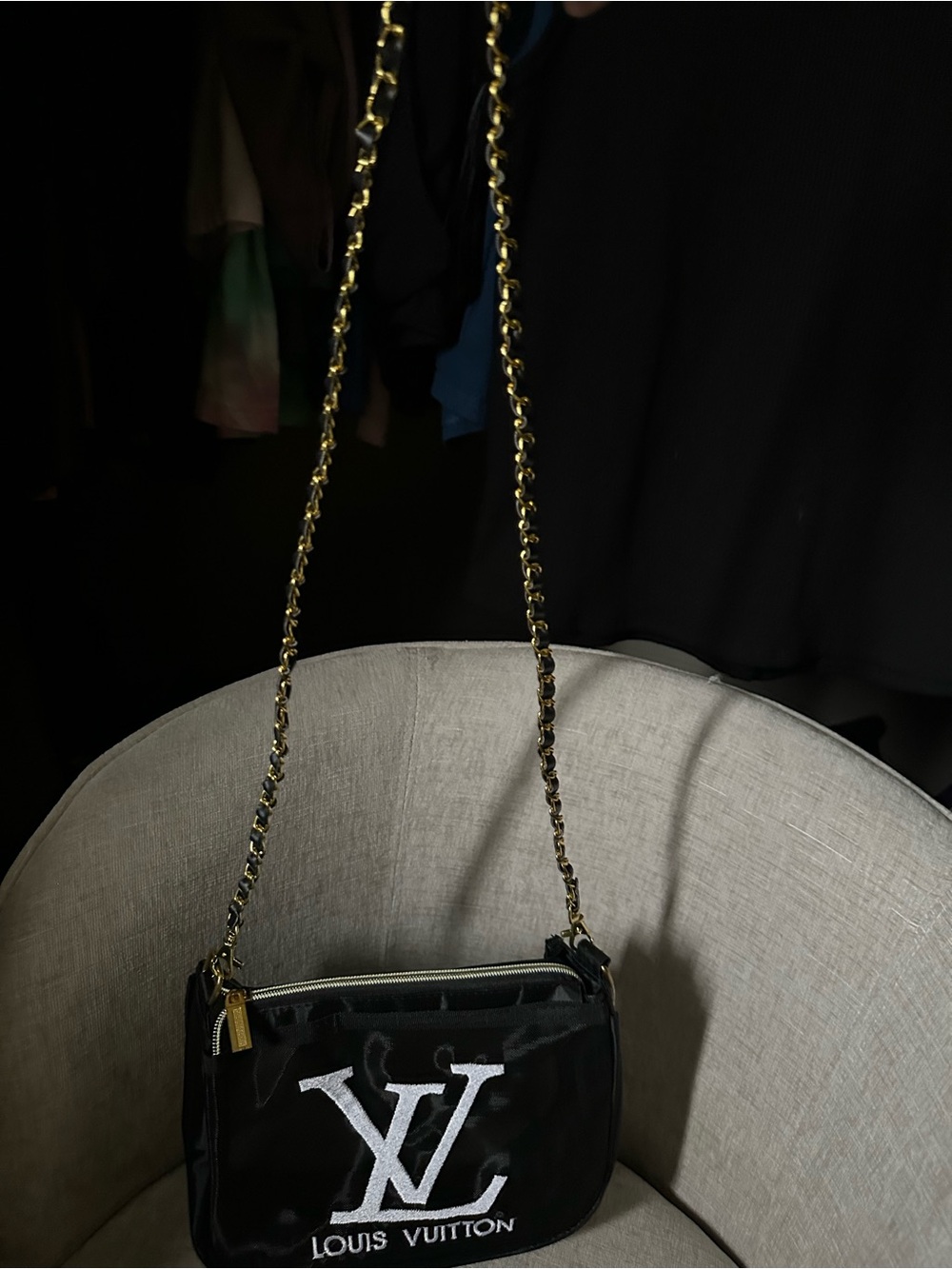 Black Nylon Sheer with White LV Logo and Gold Chain - Picture 7 of 7
